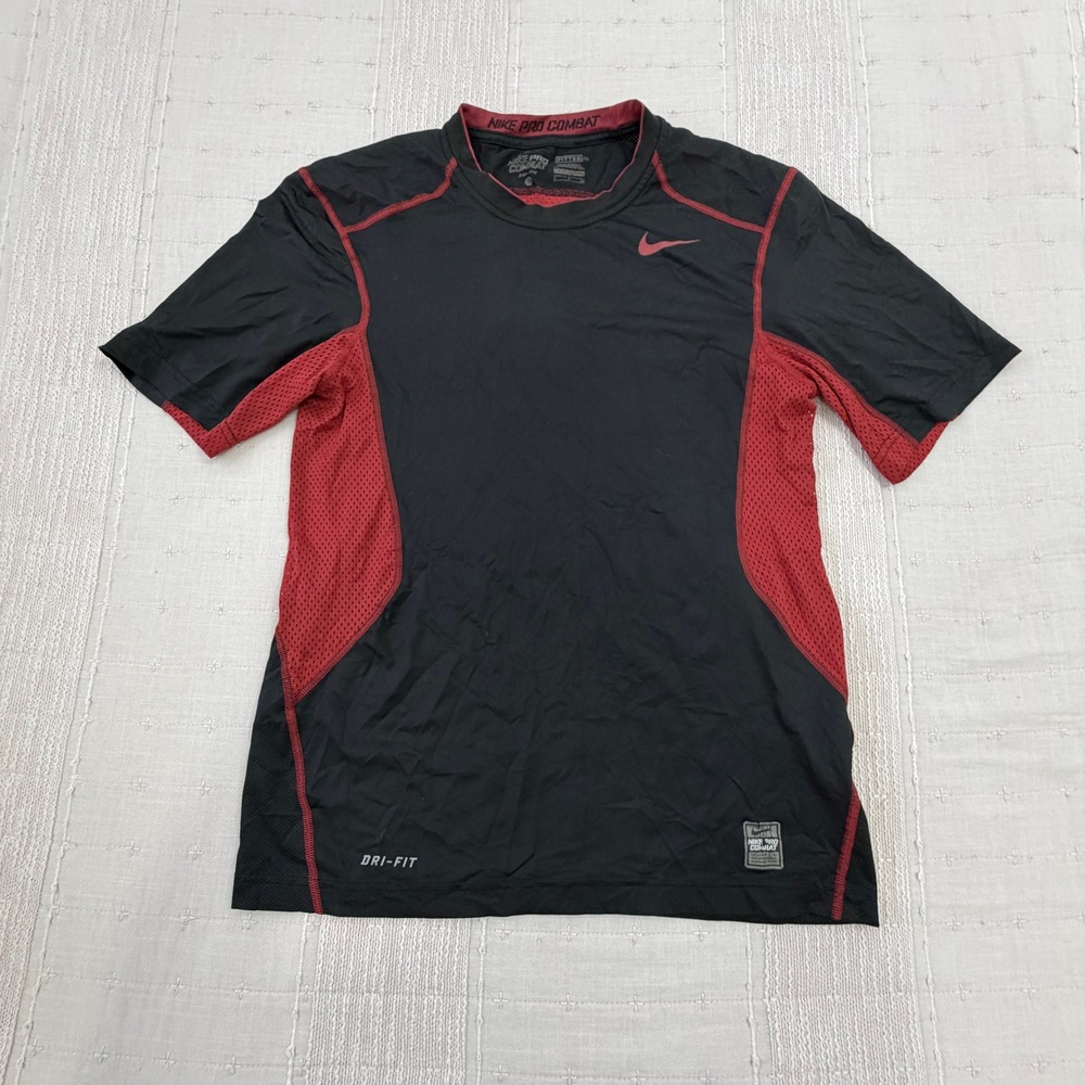 Nike Pro Combat Shirt Mens S Black Red Dri-Fit Fitted Short Sleeve Athletic